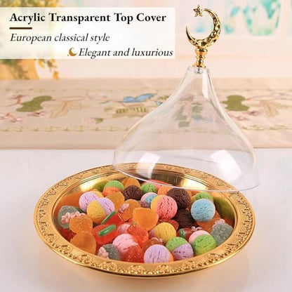 Cake Plate with Lid, Ramadan Tray Eid Mubarak Cake Tray with Dome, Candy Snack Serving Tray, Golden Cake Plate for Baking Home Party Cafe Wedding