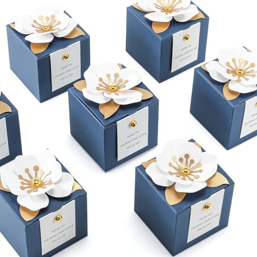 Affrolling 50 Pcs Wedding Favor Boxes with Thanks Card Square Flower Candy Boxes Paper Bridal Gift Box for Guests Wedding Bridal Shower Birthday Party Anniversary (Blue) - color: Blue
