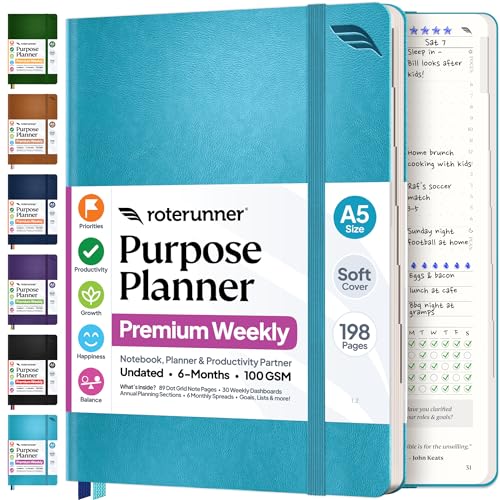 Roterunner Purpose Planner Notebook A5 5.8”x8.3” Undated 2026 Daily Weekly and Monthly Productivity Goal Setting Tool for Work Home ADHD Planner for Adults Self Care Journal (Teal Softcover) - color: Teal, size: A5 Softcover