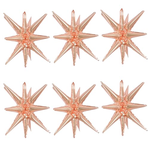 6 Pcs Rose Gold Star Foil Balloons One-Piece 14-Pointed Star Balloon 4D Cone Mylar 22inch Christmas Birthday Wedding Fireworks Shape Party Supplies (Rose Gold) - color: Rose Gold