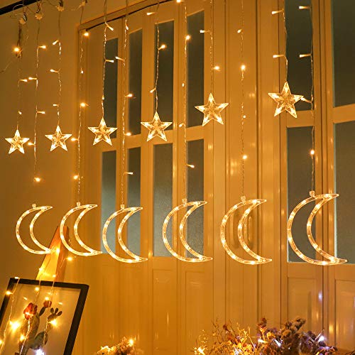 LED Ramadan Star Moon Light,Curtain String Light,115 LED Hanging Window Lights, USB Powered,8 Lighting Modes,Memory,6 Hours Timer,Decoration for Home Living Room Bedroom Balcony Christmas Wedding