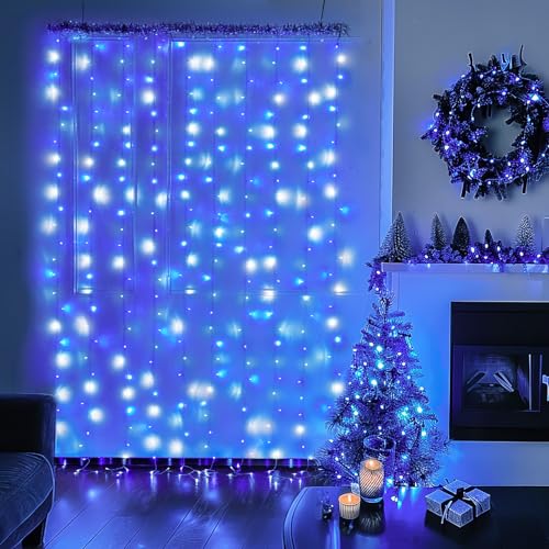 JMEXSUSS 300LED Christmas Curtain Lights Plug in, Blue and White, 9.8x9.8ft - color: Blue and White, size: 300 LED