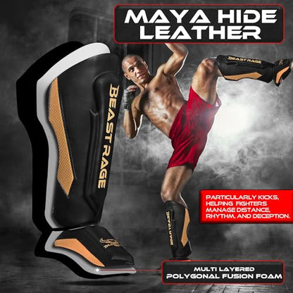 BEAST RAGE MMA Martial Arts Shin Guards for Kickboxing Adjustable Muay Thai, Padded Martial Arts Shin Pads Leg Guard with Instep Sleeves MMA Training BJJ Karate Boxing Taekwondo - color: GOLDEN, size: X-Large