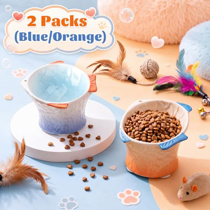 Tioncy 2 Pcs Raised Tilted Ceramic Cat Food Bowl Fish Shape Cute Elevated Slanted Shallow Angled Cat Dish Non Slip Feeder Bowl for Anti-Vomiting and Fatigue (Blue,Orange) - color: Blue,Orange