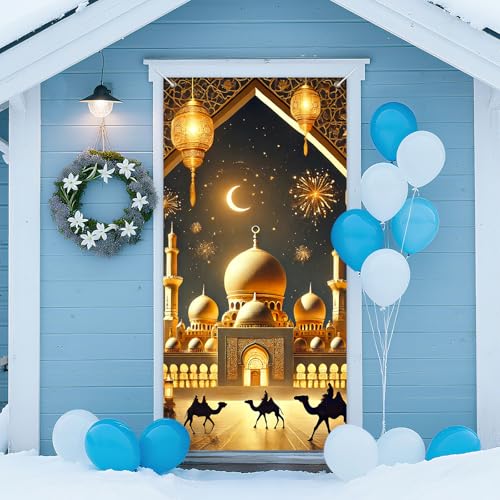 IVN Eid Celebration Mosque Door Cover 71 x 35 Inches Gold and Navy Front Door Banner Islamic Firework Holiday Backdrop With Crescent Moon Indoor And Outdoor Religious Holiday Decor - color: Ramadan Kareem Camel Desert