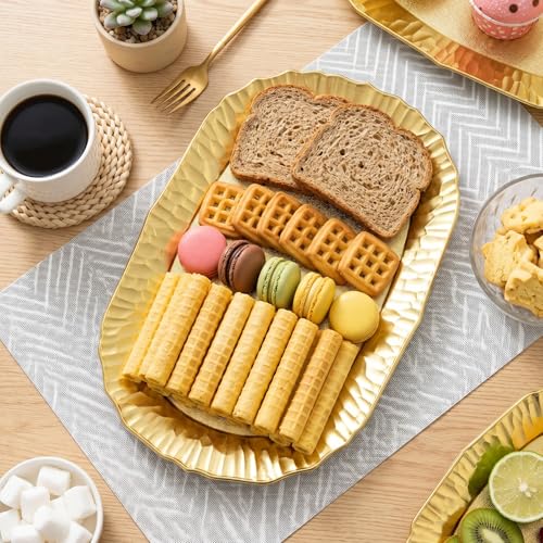 AVLA 6 Pack Plastic Serving Tray, Gold Serving Platter Set, Reusable Party Snack Serving Tray, Decorative Food Appetizer Platters for Dessert Table, Cupcake, Charcuterie, Cookies, 14" x 8.5"