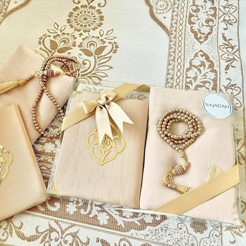 SAJADAH Muslim Prayer Rug Set - 4 in One Islamic Gifts Set, Prayer Mat, Prayer Beads, Hijab, Surahs Book,Eid Gifts - color: Light Brown