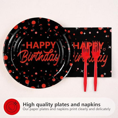 Grencian 96Pcs Red and Black Birthday Party Decorations Red Polka Dots on Black Paper Plates and Napkins Disposable Dessert Tableware for Men Women Birthday Party Decorations 2026 Serves 24 - style: Red Black Wave Point Birthday Sets