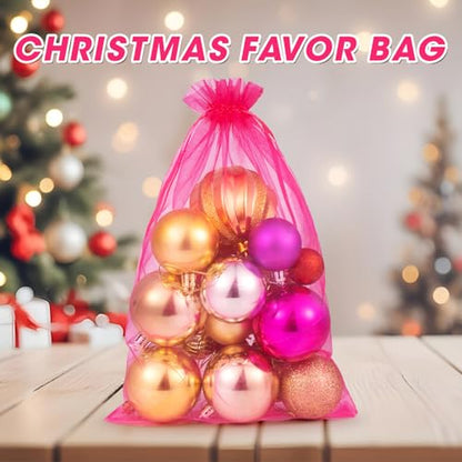 ANZNKU 100 Pcs Large Organza Bags 8x12, Small Mesh Gift Bag Drawstring Bulk - color: Hot Pink
