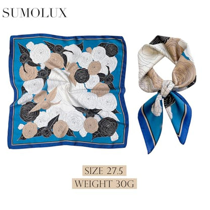 Sumolux Head Hair Scarf for Women Like Satin Silk Scarf Bandana Hair Wrapping Night Large Square Scarves 27.5" - color: Blue Beautiful Flowers