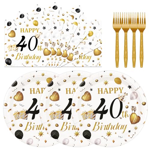 75PCS 40th Birthday Plates and Napkins Party Decorations, 7 Inch White and Gold Happy 40th Birthday Paper Dessert Cake Plates and Napkins Set Disposable Tableware Party Favors for Women Men - color: 40th White