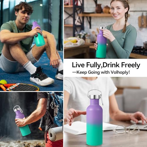 Volhoply 32oz Uninsulated Single Walled Water Bottle, Stainless Steel Sports Water Bottles with Handle, BPA Free Lightweight Water Bottles for Hiking, Biking, Running（Purple Green,1） - color: Purple Green