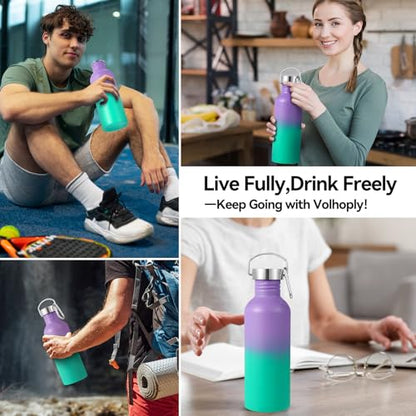 Volhoply 32oz Uninsulated Single Walled Water Bottle, Stainless Steel Sports Water Bottles with Handle, BPA Free Lightweight Water Bottles for Hiking, Biking, Running（Purple Green,1） - color: Purple Green
