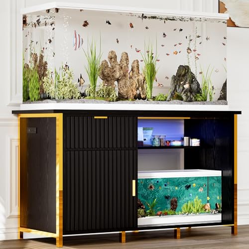 55-75 Gallon Fish Tank Stand with Power Outlets, LED Light, Vertical Lines, Heavy Duty Aquarium Stand with Cabinet for Fish Tank Accessories Storage, Turtle Tank, Reptile Terrarium (Black and Gold) - color: Black and Gold