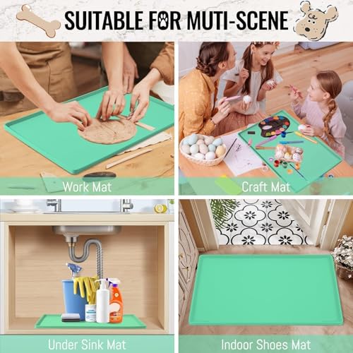 MateeyLife Dog & Cat Food Mat - Waterproof, Nonslip, Raised Edges, Silicone Tray for Messy Drinkers, 24"x16", Mint Green - color: Green, size: 24''×16''