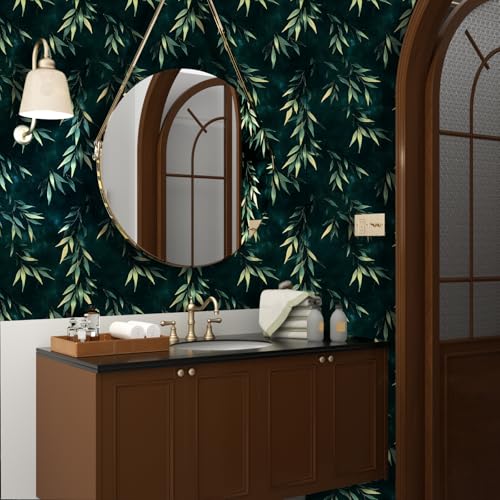 Dark Green Gold Bamboo Leaves Peel and Stick Wallpaper 17.5" x 393" | Extra Long Self-Adhesive, Removable Waterproof Contact Paper for Bedroom, Bathroom, Cabinets, Accent Wall, Laundry Room - color: Teal Green/Gold, size: 17.5" x 393"
