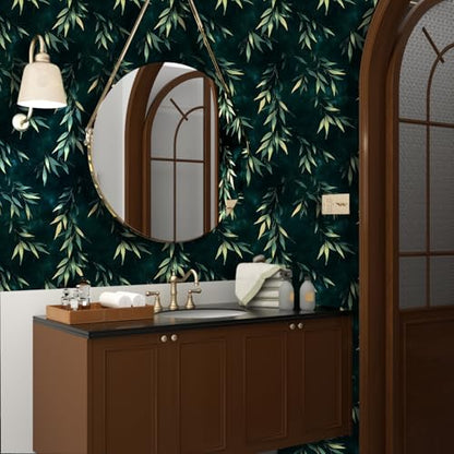 Dark Green Gold Bamboo Leaves Peel and Stick Wallpaper 17.5" x 393" | Extra Long Self-Adhesive, Removable Waterproof Contact Paper for Bedroom, Bathroom, Cabinets, Accent Wall, Laundry Room - color: Teal Green/Gold, size: 17.5" x 393"