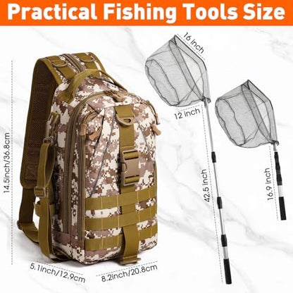 RoundFunny 256 Pcs Fishing Backpack with Tackle Box Gears, Tackle Sling Bag Backpack, Fishing Hook, Lures, Retractable Landing Net, Plier, Lip Gripper, Hook Remover, Fish Gift Men - color: Desert Camouflage