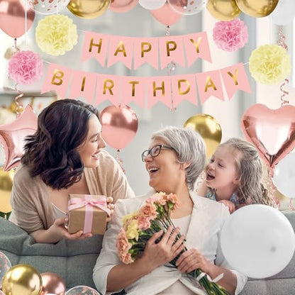 Rose Gold Happy Birthday Party Decorations, Happy Birthday Banner, Rose Gold Heart Star Foil Confetti Balloons and Pink Balloons Party Decorations Kit for Girls Women Princess - style: Rose Gold