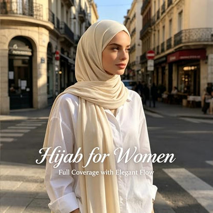 Jersey Hijab Scarf for Women,Lightweight Muslim Turban Head Scarf Modal Feel Hijab Coverings for Prayer with Clip - color: Beige