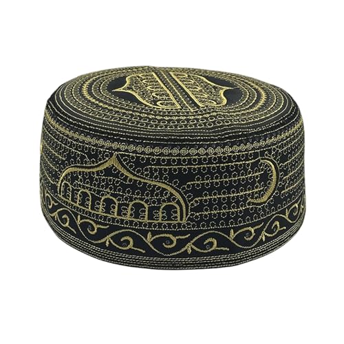 RUIXIA Men Boys Muslim Prayer Kufi Hat Skull Cap Embroidery Islam Kufi Headware takke Praying Beanie Hat Kofia Topi Hat - color: Gold/Black-adults