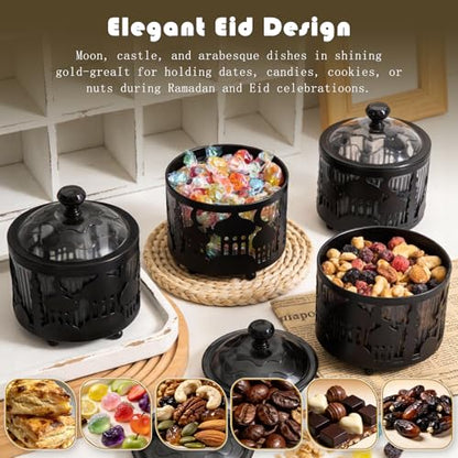 Ramadan Serving Trays, Ramadan Trays with Lid Metal Eid Mubarak Tray, Mini Cake Candy Tray Reusable Dessert Tray Round Food Storage Organizer for Eid Party Activity - color: Black