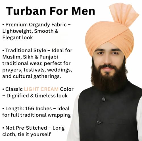 Turban For Men (156 Inches) Long Cloth – Muslim, Sikh, Punjabi Headwrap | For Prayer, Festivals & Special Occasions - color: Light Cream