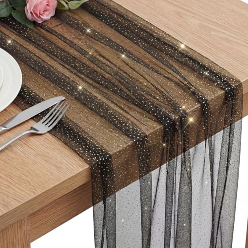 1 Pc Gauze Table Runner 10 ft, Black Metallic Foil Sheer Glitter Table Runners for Wedding Reception Birthday Graduation Anniversary Party - color: Black