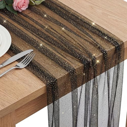 1pc Fall/Halloween Table Runner 10 ft Black Metallic Foil Sheer - color: Black