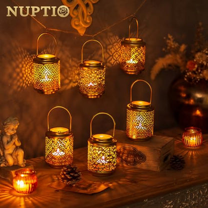 NUPTIO Gold Candle Lanterns Decorative: 6 Pcs Hanging Metal Tealight Candles Holder 4.1inch Brass Mini Tea Light Lantern Centerpiece for Weddings Bridal Shower Anniversary Table Decor (Style 3) - size: Style 3 - 6 Pcs