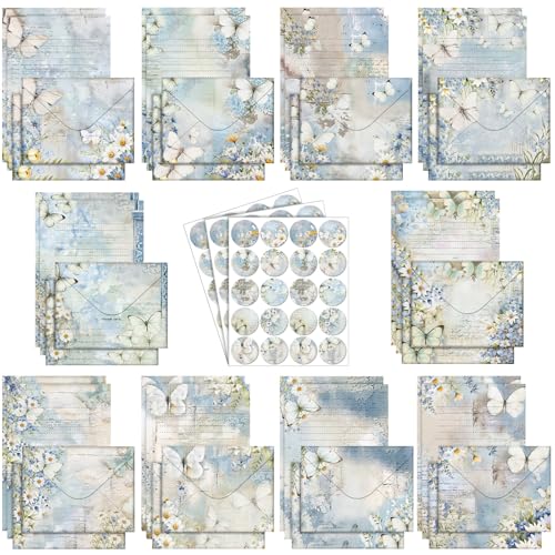 TaoBary 160 Pcs Stationery Paper Set 50 Double Sided Stationery Papers with 50 Matching Envelopes and 60 Round Dot Sticker, 10 Design (Serenity Junk,8.25 x 5.5 Inch) - size: 8.25 x 5.5 Inch, style: Serenity Junk