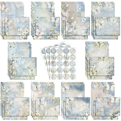 TaoBary 160 Pcs Stationery Paper Set 50 Double Sided Stationery Papers with 50 Matching Envelopes and 60 Round Dot Sticker, 10 Design (Serenity Junk,8.25 x 5.5 Inch) - size: 8.25 x 5.5 Inch, style: Serenity Junk