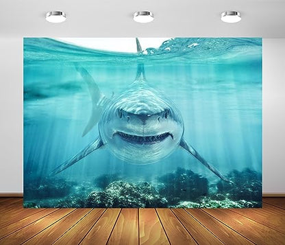 BELECO 8x6ft Fabric Shark Under The Sea Backdrop Underwater World Ocean Aquarium Background Shark Theme Party Decorations Banner Birthday Photoshoot Studio Props Wallpaper - size: 8x6FT