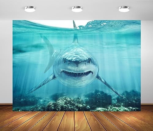 BELECO 15x8ft Fabric Under The Sea Backdrop - Great White Shark Underwater World Ocean Aquarium Background - Shark Theme Party Decorations Banner Birthday Photoshoot Studio Props Wallpaper - size: 15x8FT