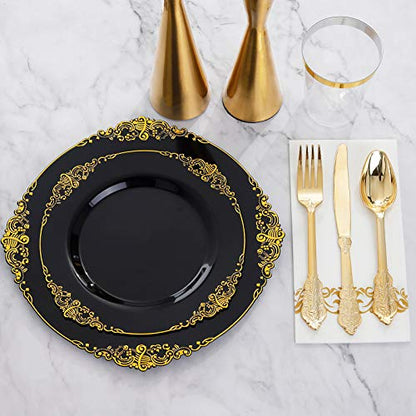 Hioasis 175pcs Black and Gold Plates - Black Party Plates for 25 Guest, Include 50 Heavy-duty Plates(20% Thicker Than Standard), 75 Cutlery Set, 25 Napkin, 25 Cups for Graduation - color: Black and Gold