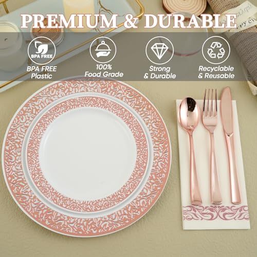 FOCUSLINE 175 Ct Rose Gold Dinnerware Set for 25 Guests, Plastic Plates with Rose Gold Lace Rim Design, Including 25 Disposable Dinner & Dessert Plates, Cups, Napkins, Cutlery Set - color: Rose Gold Dinnerware Set