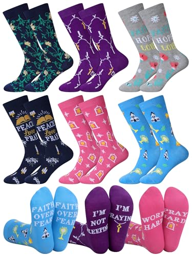 Hercicy 6 Pairs Christian Socks for Women, Inspiration Words Religious Bible Verse Jesus Church Faith Socks Bulk Gifts