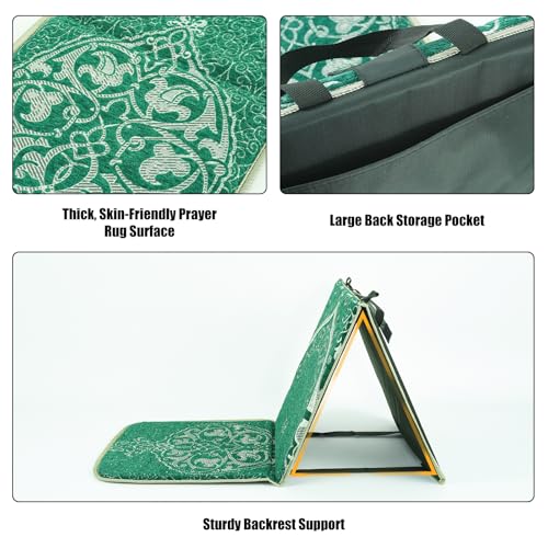 Foldable Thick Prayer Rug with Back Support, Portable Prayer Mat Set Green | 36x78cm Islamic Prayer Mat, Includes Kufi Hat & 99 Beads Tasbih, Meditation Rug for Muslim, Ramadan Gift Set - color: Green