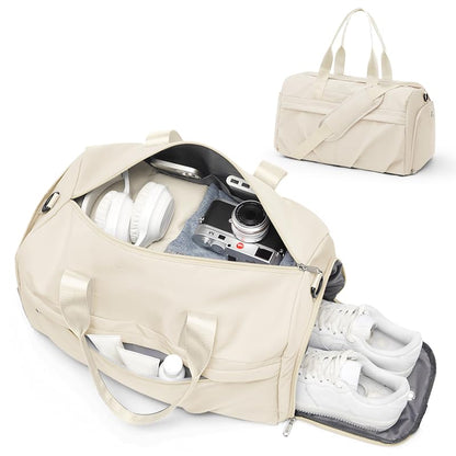 Gym Bag for Women Men with Shoe Compartment, Sport Duffel Bag, Waterproof Travel Weekender Overnight Carry on Bag for Yoga with Trolley Sleeve, Beige - color: A6-Beige