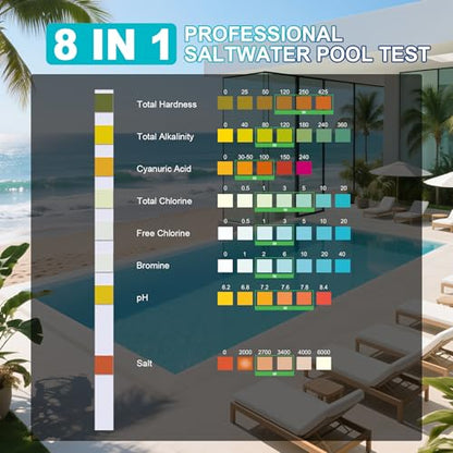 Salt-Water Pool Test Strips Kit: 150 Counts 8-in-1 for Salt Water Pool Testing Kit, Salt Pool Test Strips for Hot Tub Spa Testing Salt Chlorine pH and More - size: 150 Strips