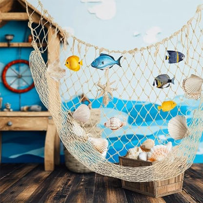 Natural Cotton Fish Net Decorations, 4x6.6 Ft Nautical Party Decor for Hawaiian Pirate Ocean Beach Theme, Halloween Christmas Wall Backdrop Decoration