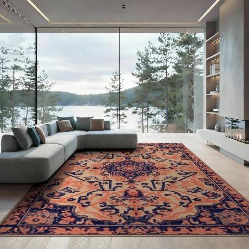 9'x12' Beige Navy Coral Boho Medallion Prayer Washable Area Rug - color: Beige/Pattern 7, size: 9' x 12' (Rectangular)