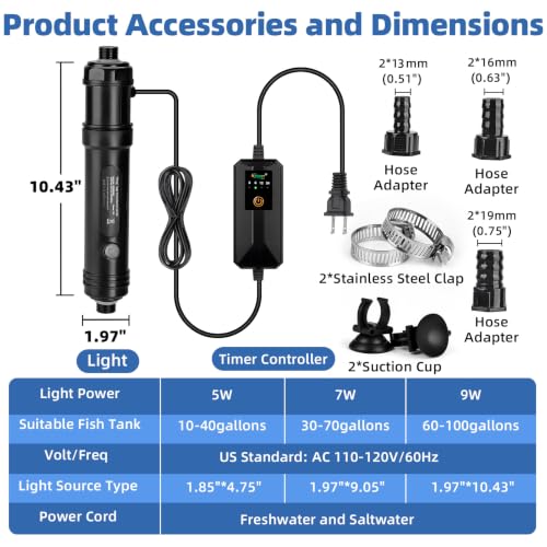 hygger 9W Aquarium U-V Light with Timer, 360° Protective Shield Clean Light for Crystal Clear Green Water, Submersible Fish Tank Cleaner for 60–100 Gallon Freshwater & Saltwater Aquariums - size: 1.97 x 10.43 inches