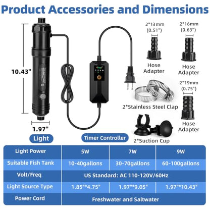 hygger 9W Aquarium U-V Light with Timer, 360° Protective Shield Clean Light for Crystal Clear Green Water, Submersible Fish Tank Cleaner for 60–100 Gallon Freshwater & Saltwater Aquariums - size: 1.97 x 10.43 inches