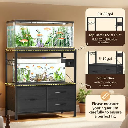 Heybly 20-29 Gallon Fish Tank Stand, Aquarium Stand with Drawer, Power Outlet, Heavy Duty Metal Frame, for Fish Tank, Turtle & Reptile Terrarium, 31.5" x 15.7" Top, 330lbs, Black HAS001BK - color: Black, size: 20-29 gal