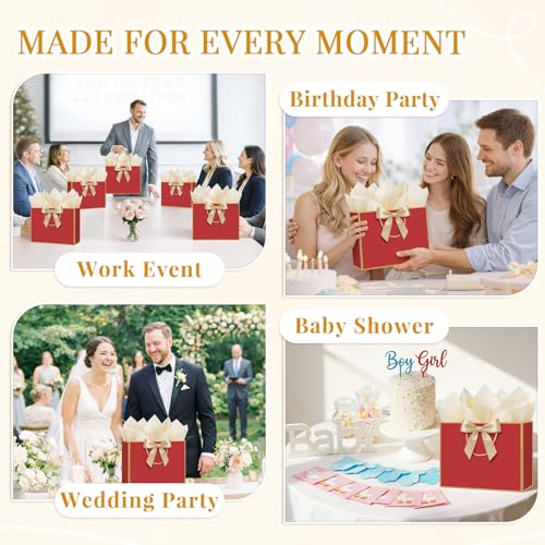 ANZNKU 2PCS Red Gift Bags for Women, Medium Gift Bags with Handles 4 Tissue Paper 2 Ribbons 2 Cards for Birthday Wedding Graduation Bridal & Baby Shower Engagement Presents Party Favors Wrapping - color: Crimson Red