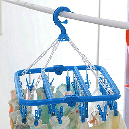 SteelFever Clothes Drying Hanger with 32 Clips, Foldable Hanging Drying Rack for Clothes Underwear Socks (Blue) - color: Blue