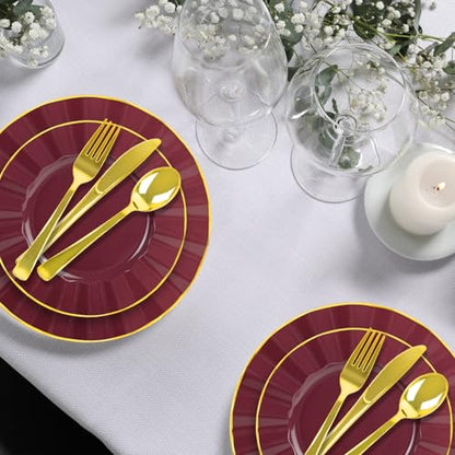 150Pcs Plastic Plates with Gold Rim, Heavy Duty Burgundy Plates for 30 Guests, Plastic Dinnerware Set Include 30 Dinner Plate, 30 Dessert Plate, 90 Gold Cutlery Set for Party (Burgundy) - color: Burgundy