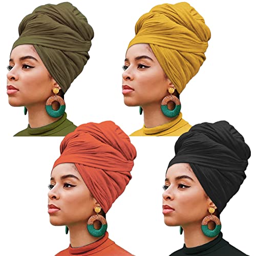 XTREND 4 Pieces Stretch Jersey Head Wrap Knit Turban Urban Hairband Scarf Fashion Headband Solid Color Breathable Ultra Soft Extra Long Head Band Tie for Women (Black, Army Green, Turmeric, Orange) - color: Black, Army Green, Turmeric, Orange