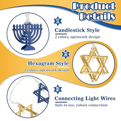 Glooglitter 2 Pcs 10ft Hanukkah String Lights Indoor Decor Battery Powered Lights String for Chanukah Ramadan 4th of July Bedroom Window Party(Hexagon)